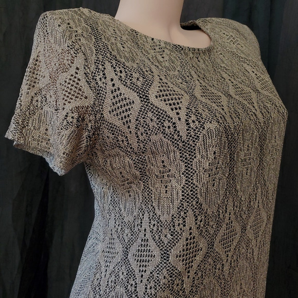 80's Vintage SHAIR AIDE Cocktail Dress CROCHET GOLD LACE Flapper Fringe SIZE 10 - Picture 5 of 10